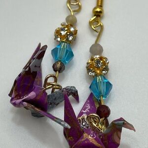 Origami Crane Earrings with Purple and Gold Accents